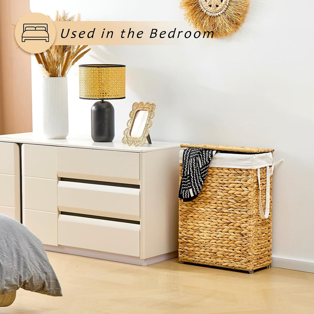 Handwoven Slim Laundry Hamper with Lid, Narrow Wicker Laundry Basket, Natural Water Hyacinth Basket and Handleswith