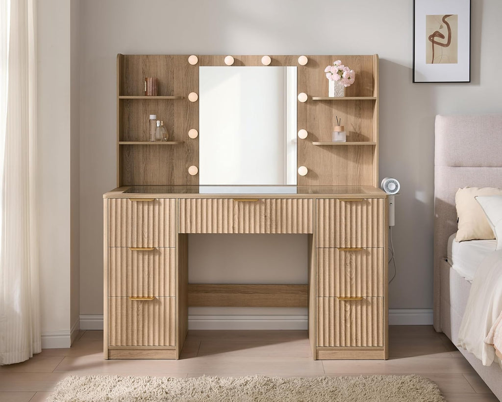 47.2" Fluted Vanity Desk with Mirror and Lights, Natural Oak | Large 7 Drawers Wood Makeup Vanity Table with Glass