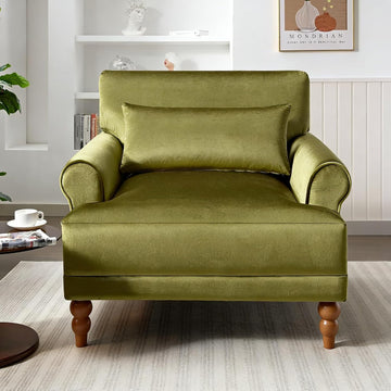 Oversized Velvet Accent Arm Chair with Roman Column Legs, Green | Upholstered Vintage Living Room Chair, Big Lounge