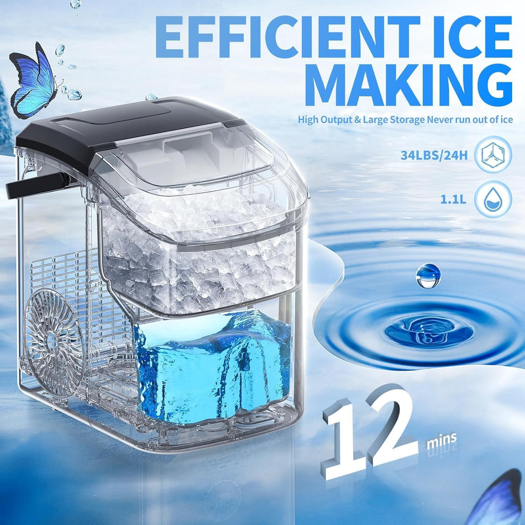 Nugget Ice Maker Countertop, 34 lbs/Day Pellet Ice Machine with Self-Cleaning, Fast Ice Ready in 10 Minutes, Portable