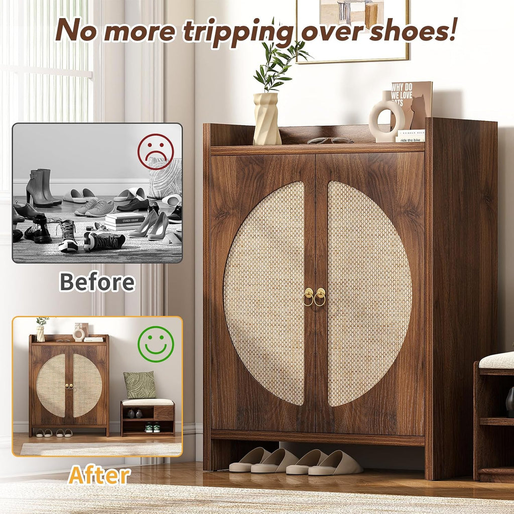 Shoe Cabinet Storage - Rattan Entry Way Shoe Storage Cabinet with Adjustable Shelves, Wood Shoe Organizer Cabinet