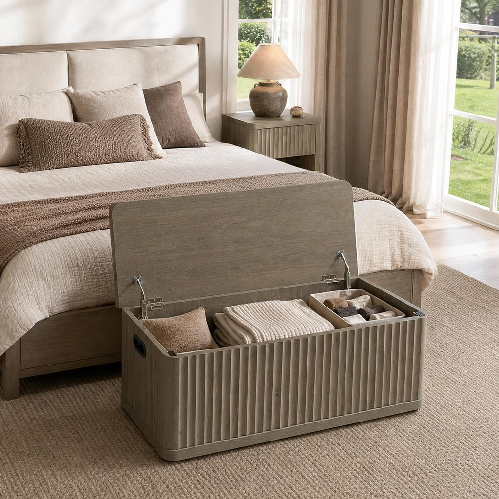 Storage Bench 40.2" Wide Shoe Bench with Lift Top Large Wooden Storage Chest Trunk Modern Blanket Chest with 2 Safety