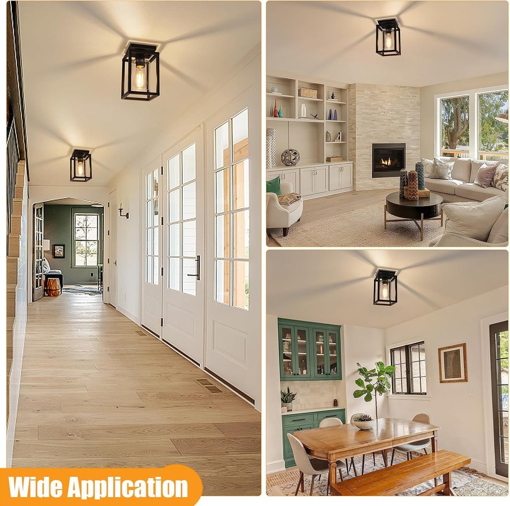 Semi Flush Mount Ceiling Light Fixture, Black Metal Frame Porch Ceiling Light Fixture with Clear Glass Shade and E26
