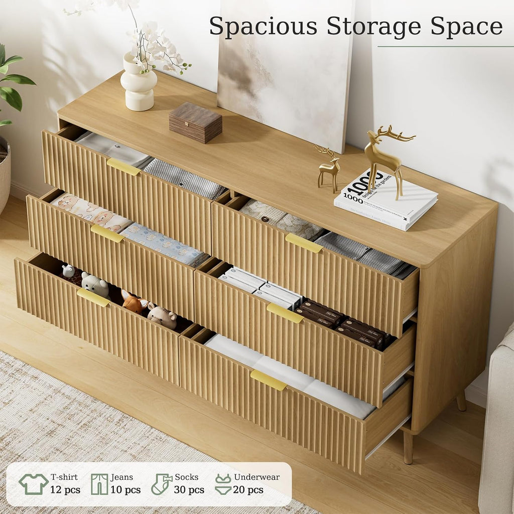55" Wide Fluted Dresser with 6 Drawer, Modern Chest of Drawers with Curved Profile Design and Metal Handles, Wood