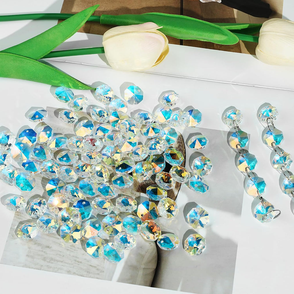 240Pcs Crystal Suncatcher Beads 150 14mm Crystal Glass Octagon Beads with 2 Hole Bulk Sun Catcher Supplies Chandelier