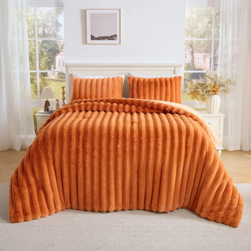 3 Pieces Fluffy Faux Rabbit Fur Comforter Set, Plush Fuzzy Bedding Set, Stripes Design Warm Soft Comforter