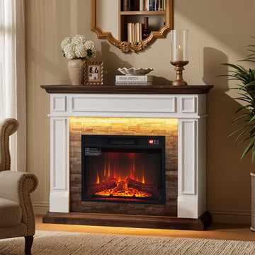 44 Inch Electric Fireplace Mantel with LED, White & Brown