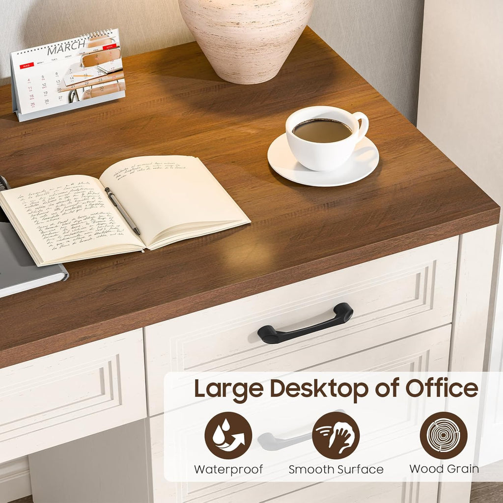Farmhouse Executive Desk with Storage and Ample File Drawer, Rustic Large Home Writing Desk, White