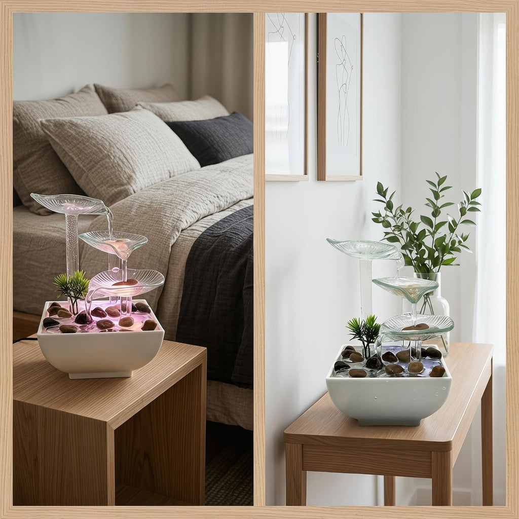 Tabletop Water Fountain,3-Tier Transparent Glass Lotus Leaf Zen Fountain,Indoor Water Feature with LED Bead Bedroom
