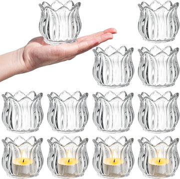 Set of 12 Tulip Glass Votive Candle Holders, Decorative Tea Light Candle Holders, Clear Glass Flower Tealight Candle