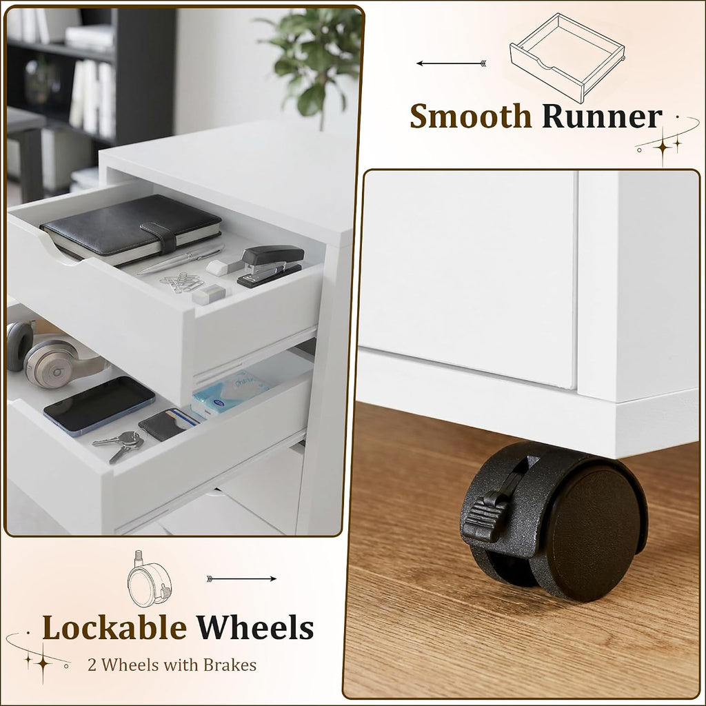 5 Drawer Rolling Storage Cabinet, Mobile File Cabinet , White | Rolling Storage Cabinet with 5 Drawers for Desk