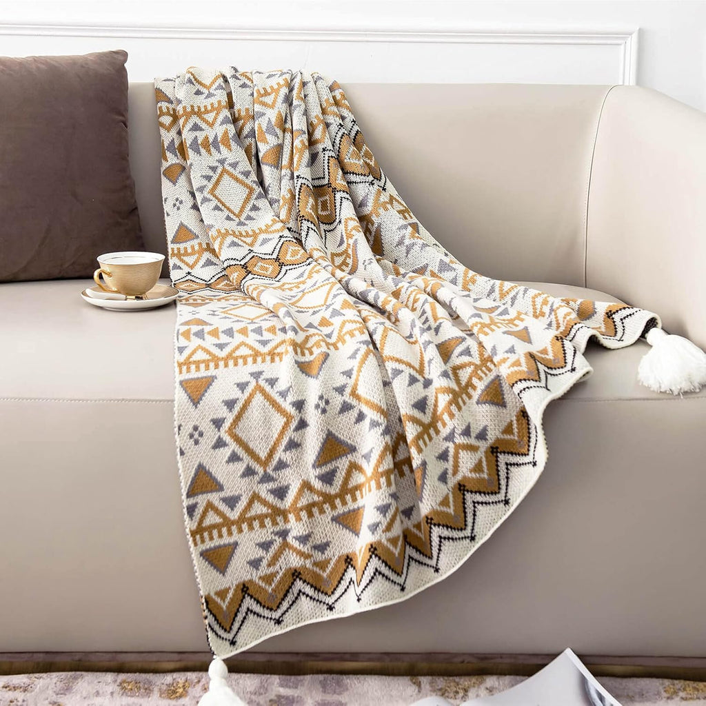 Boho Throw Blanket, Knitted Brown Tassel Throw Blankets, Soft Lightweight Vintage Tan Throw Blanket
