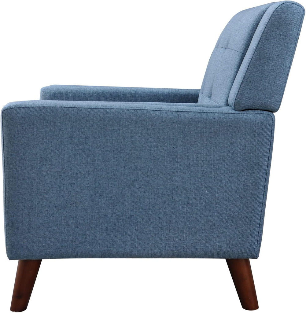 Alisa Mid Century Modern Fabric Arm Chair, Blue and Walnut