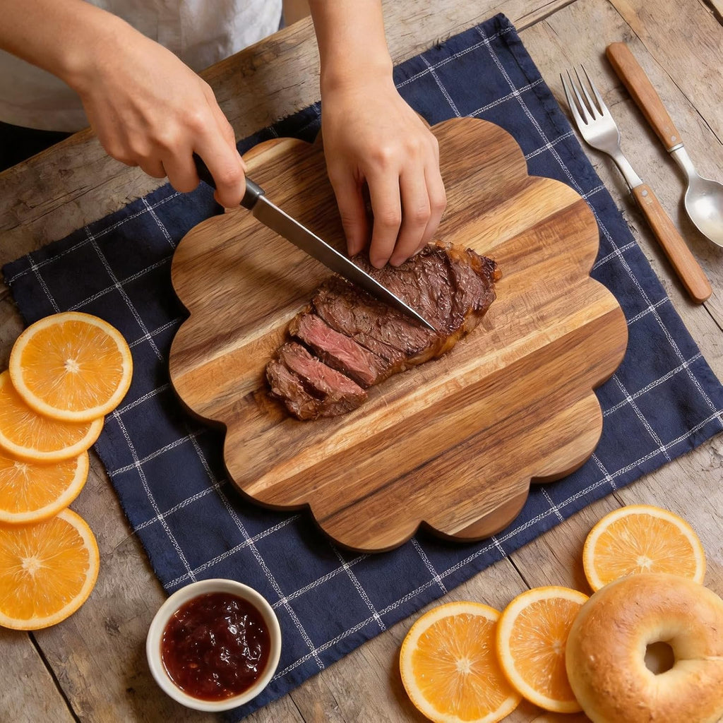 Acacia Wood Scalloped Cutting Boards Set, Decorative Wooden Charcuterie Boards with Handle for Cheese Pizza Meat