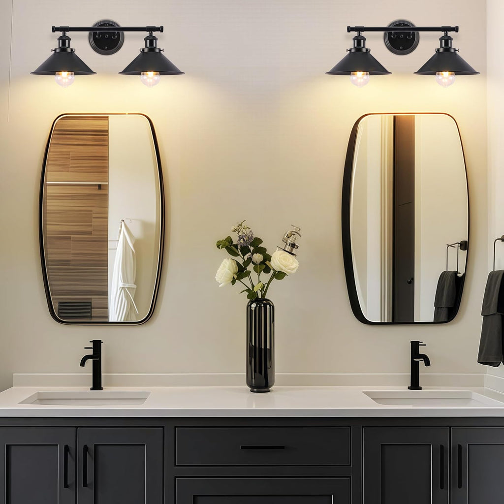 Black Bathroom Light Fixture, 2-Light Farmhouse Vanity Lights | Solid Metal, 20" Matte Black Bathroom Light Fixtures