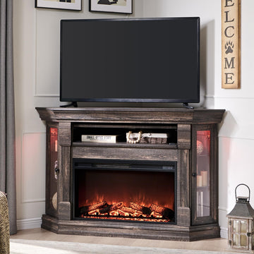 56" Farmhouse Corner Fireplace TV Stand for 65" TV, Dark Rustic Oak