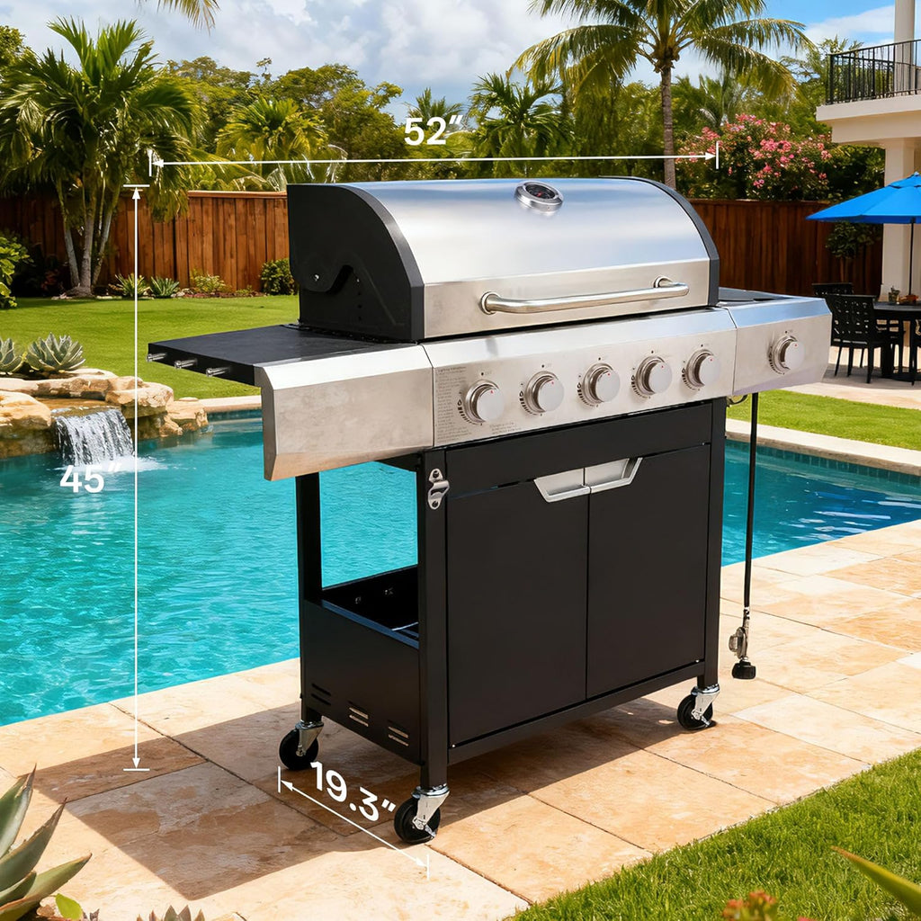 5-Burner Propane Gas Grill, 58,500 BTU Stainless Steel BBQ Grill with Side Burner, Porcelain Grates & Wheels for Patio and Backyard