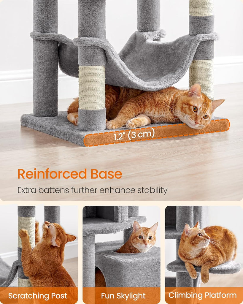 Cat Tree, 59.5-Inch Tall Cat Tower, Plush Multi-Level Condo with 5 Scratching Posts, 2 Perches, 2 Caves, Hammock