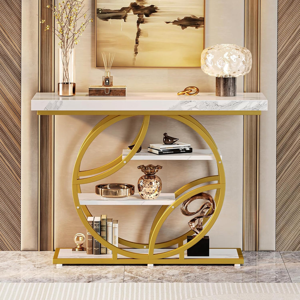 41.3 Inch Entryway Table with Marble Top, Modern Console Sofa Table, Accent Table with Shelves, for Entry, Hallway