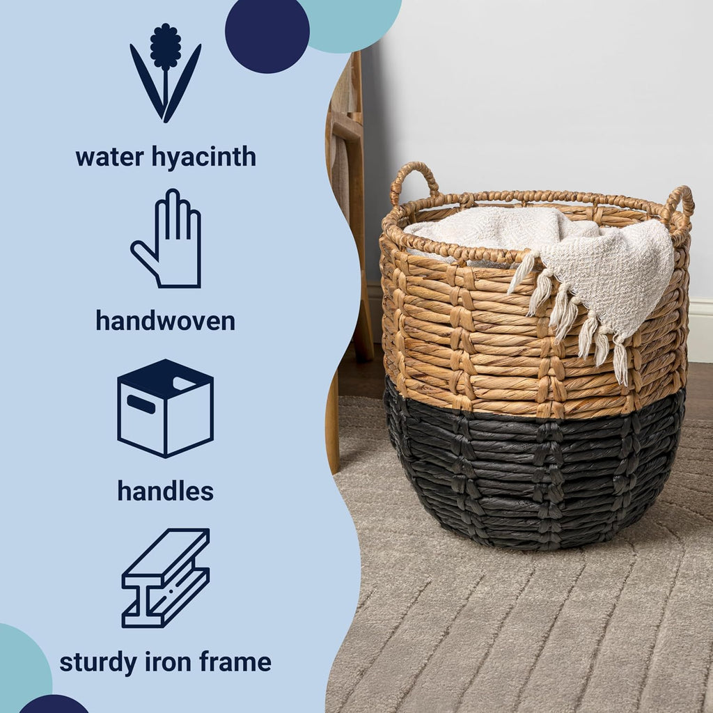 Laurel Hand-Woven Abaca Storage Basket 19", Natural/Black | Wicker Seagrass Container with Handles for Decoration
