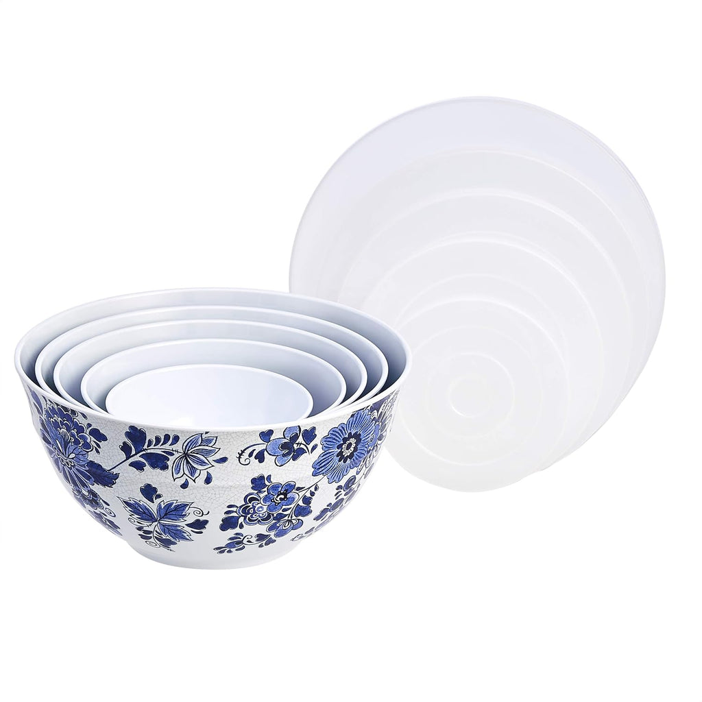 Mixing Bowls with Lids, Nesting Melamine Serving Bowls, Non-Slip Base, BPA Free, Dishwasher Safe, 5 Sizes, Blue and