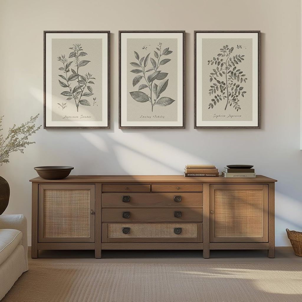 Large Framed Botanical Wall Art, 3 Piece Neutral Plant Canvas Painting Prints Artwork for Farmhouse Walls, Vintage