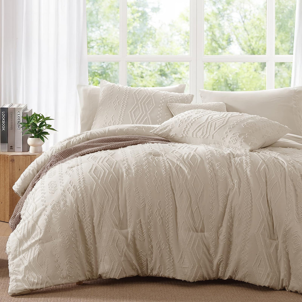 Comforter Set Beige Tufted Bedding Sets Farmhouse 7 Pieces