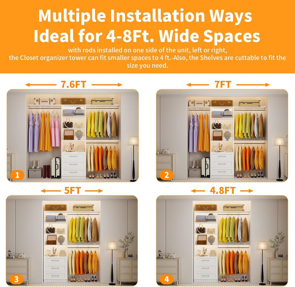 Closet System with 3 Wood Drawers, 5-8FT Closet Organizer System with Cuttable Shelves for Walk in Closet with 3