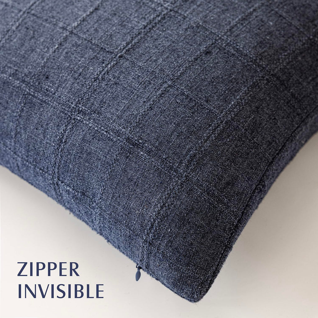 Boho Linen Check Decorative Throw Pillow Covers 16×16 Navy Blue