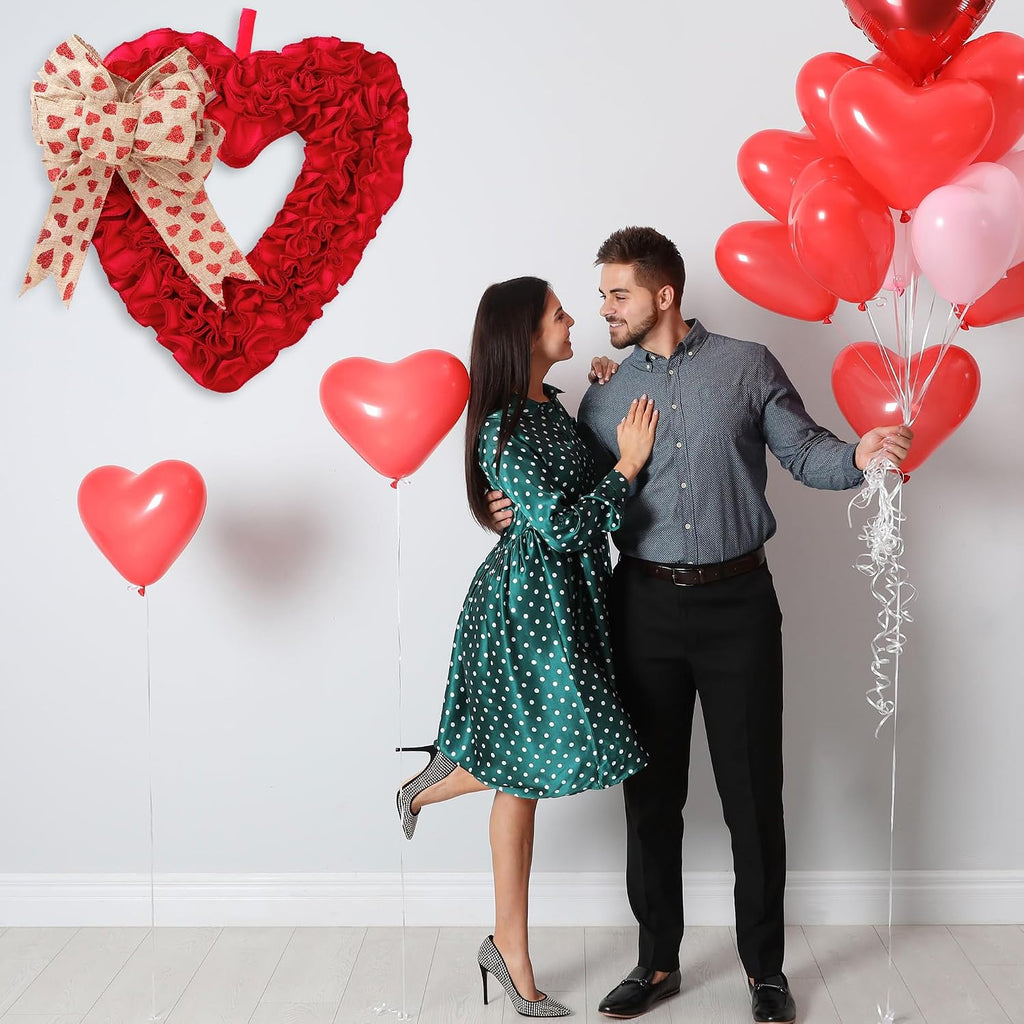 17.3'' Heart Wreath Red Burlap Heart Shaped Ornaments with Heart Pattern Bows for Front Door Wedding Party Decorations