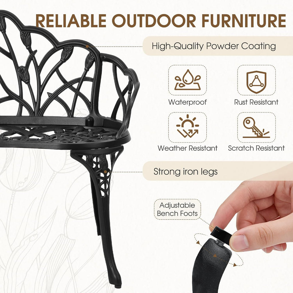 Outdoor Bench, Cast Aluminum Double Seating with Backrest and Armrests, Mental Outdoor Furniture , Porch, Garden