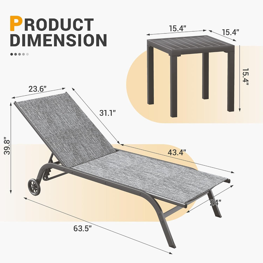 Aluminum Patio Lounge Chairs Set of 3 for Outside Poolside Chaise Chair | with Coffee Table 5 Adjustable Position