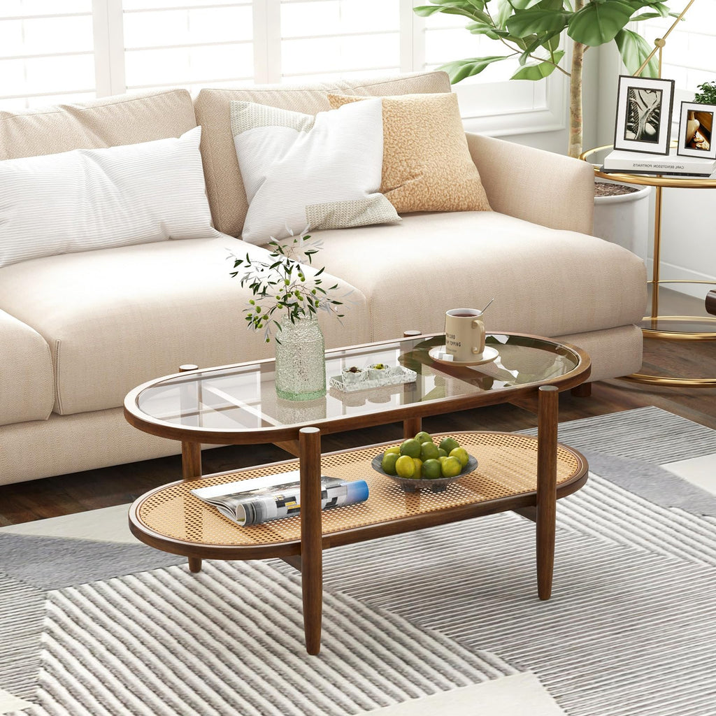Boho Coffee Table, 2-Tier Center Table with Tempered Glass Tabletop & PE Rattan Storage Shelf, Mid Century Modern Tea