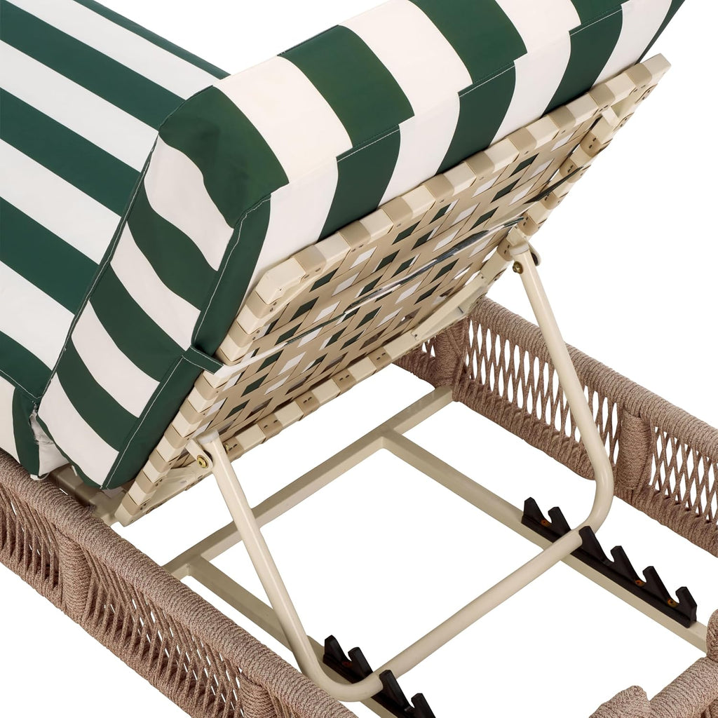 Outdoor Chaise Lounge Chair - Heather Tan & Hunter Green Stripe - Steel and Woven Rope - Adjustable