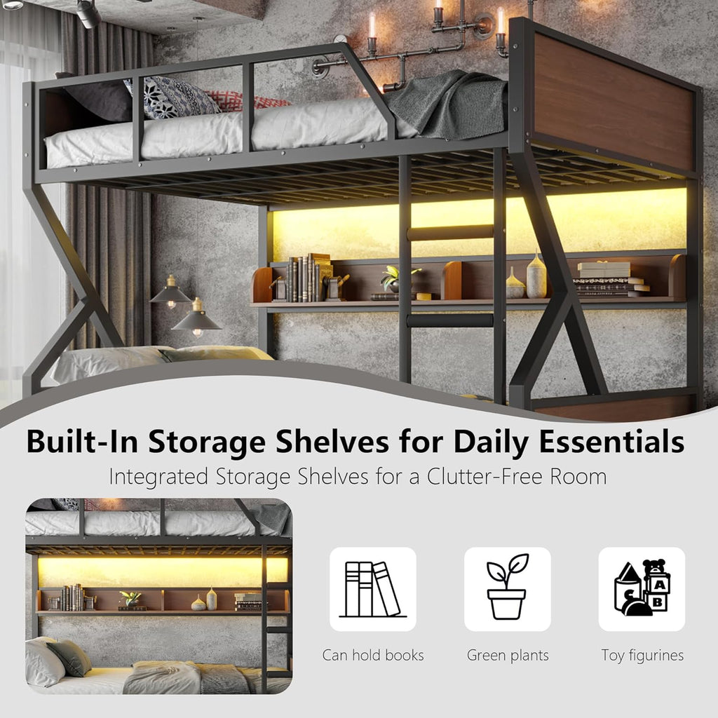 Queen over Queen Bunk Bed with Storage Shelves, Metal Bunk Beds with Ladders and LED Lights