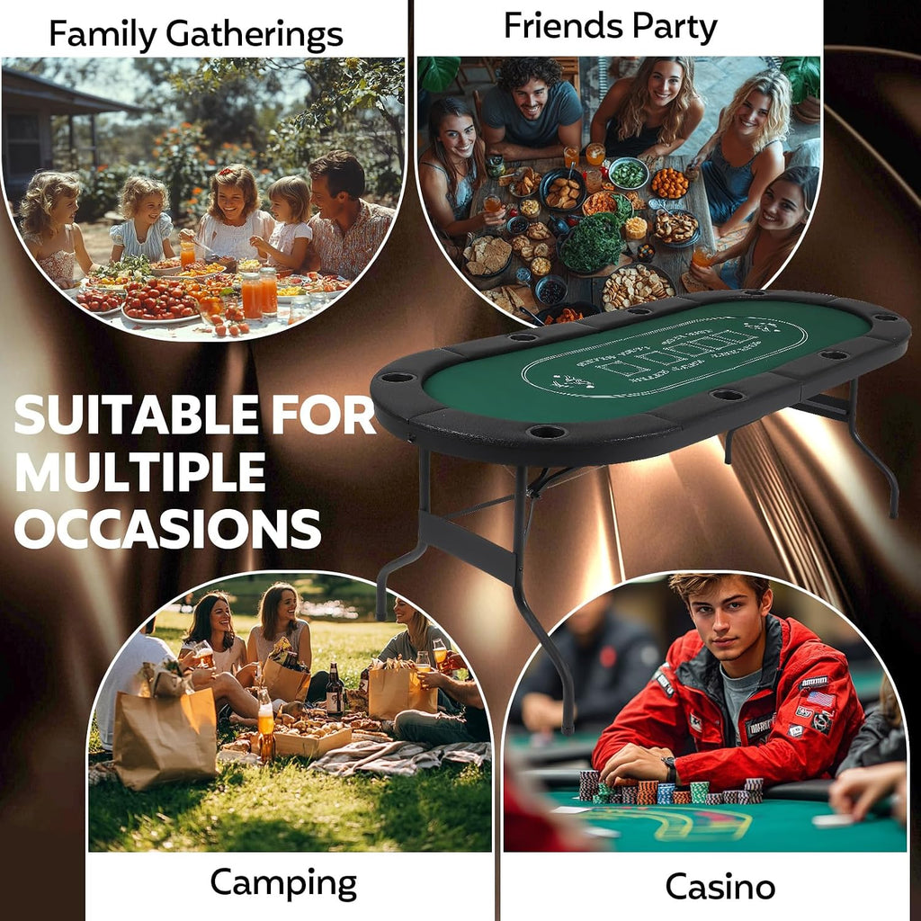 72" Portable Poker Table, Folding Poker Table, 8 Player Texas Holdem Blackjack Table with 8 Cup Holders, Padded