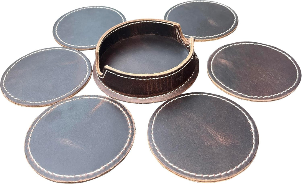 Leather Coasters for Drinks with Holder, Round, Dark Brown - Set of 6