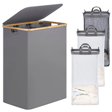 Laundry Hamper 3 Section with lid and 3 Removable Bags, Silver Grey