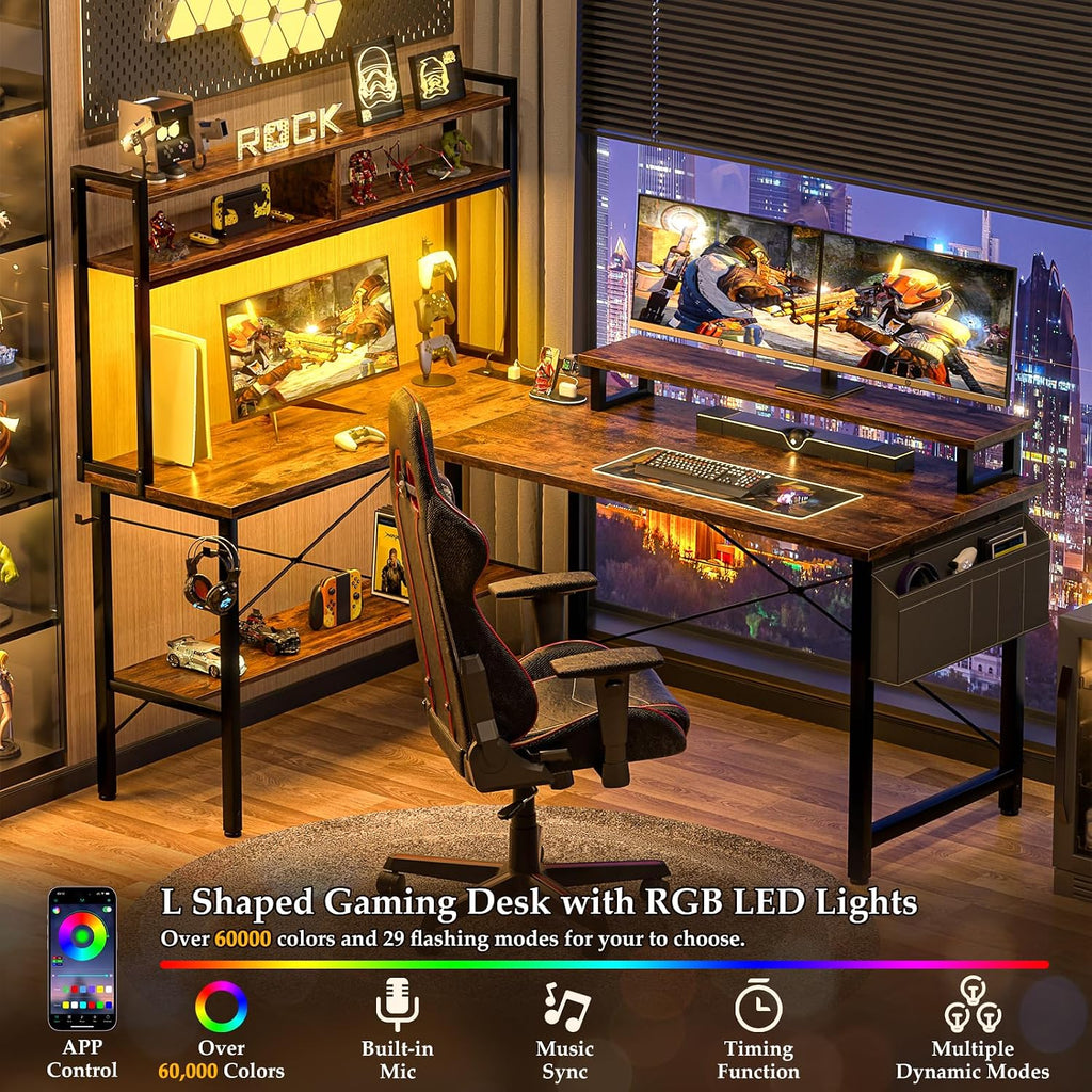 L Shaped Gaming Desk with Power Outlets & LED Lights, Rustic Brown