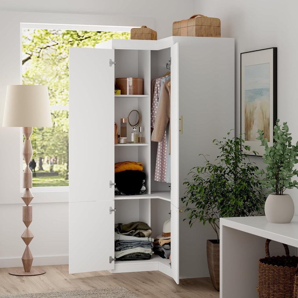 Corner Armoire Wardrobe Closet with Drawers, White Coat Closet with Doors, Modern Tall Wardrobe Corner Cabinet Closet