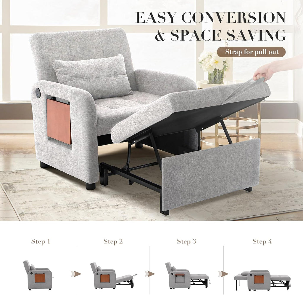Convertible Sleeper Chair-Fabric Futon Sofa Bed, Single Sleeper Sofa, Small Couch Bed with USB Port, Foldable Table