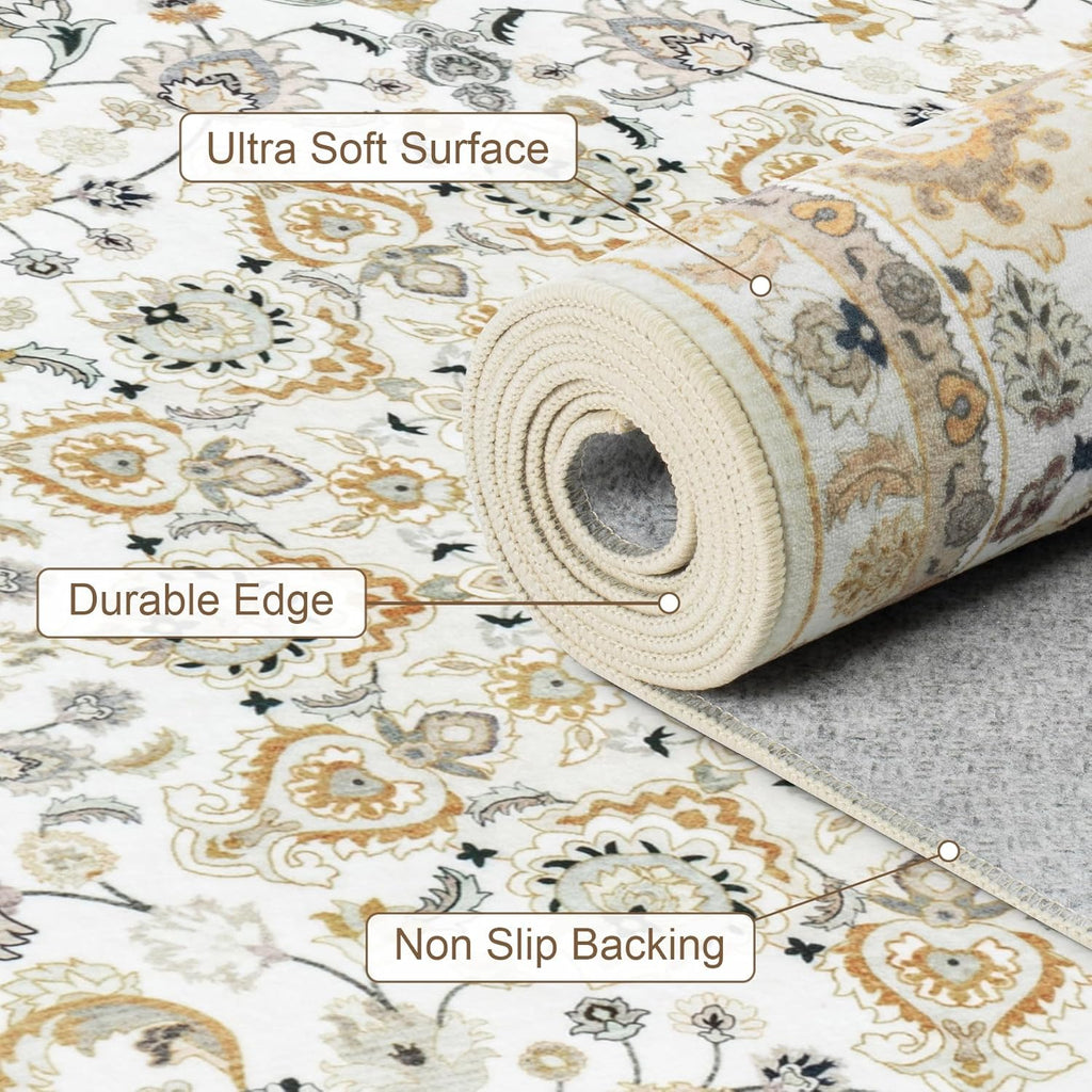 Area Rugs 9x12 Living Room Rug: Washable Rug Soft Vintage Boho Carpet Indoor Floor Non-Slip Stain Re