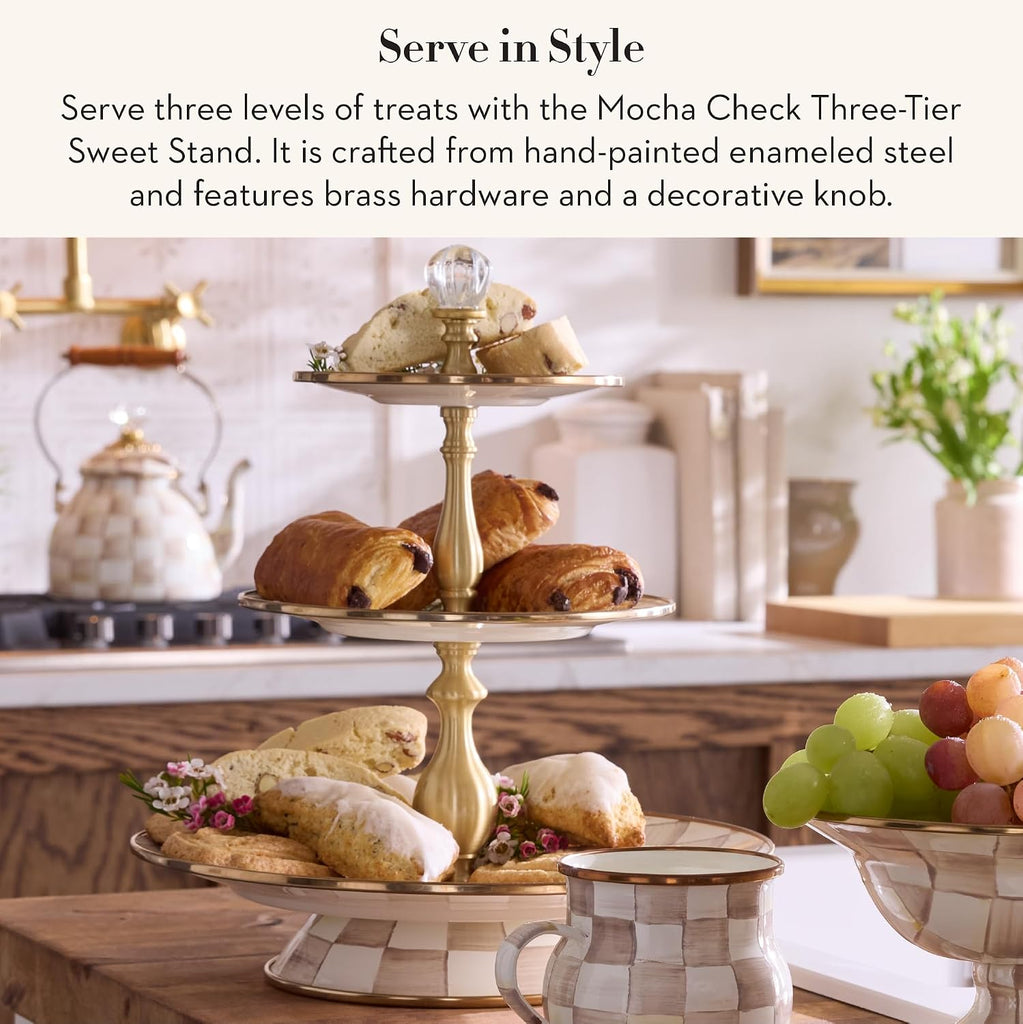 Three-Tier Sweet Stand, Brown-and-White Mocha Check | Hand-painted design, made from enameled steel, three-tiered