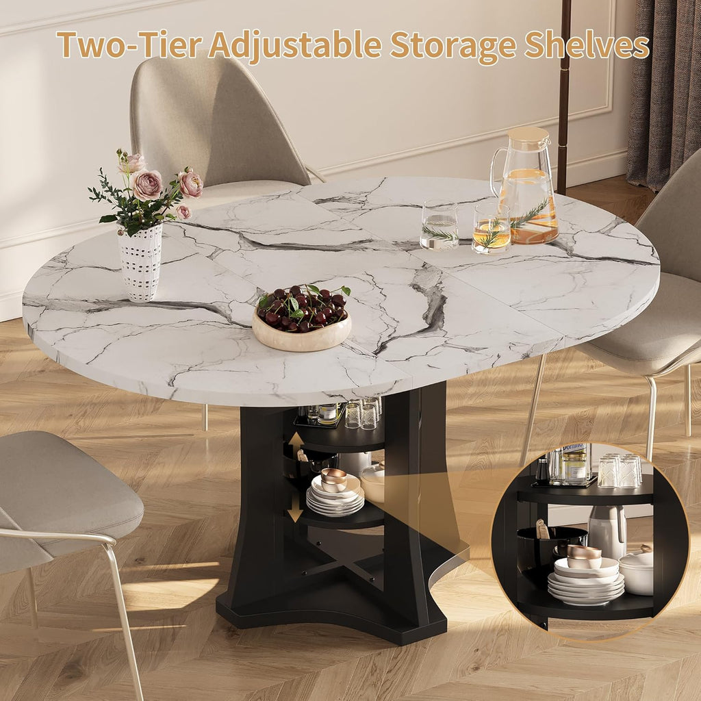 Extendable Dining Table 43"-59" for 4-6, Marble Round Kitchen Dining Room Table with 2 Tier Storage Shelves
