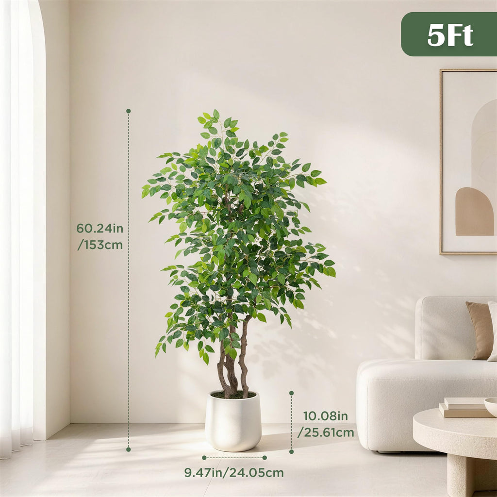 Ficus Tree Artificial 5 Ft with White Planter, Triple Natural Trunks, Dense Layered Foliage, 60" Tall Artificial Ficus