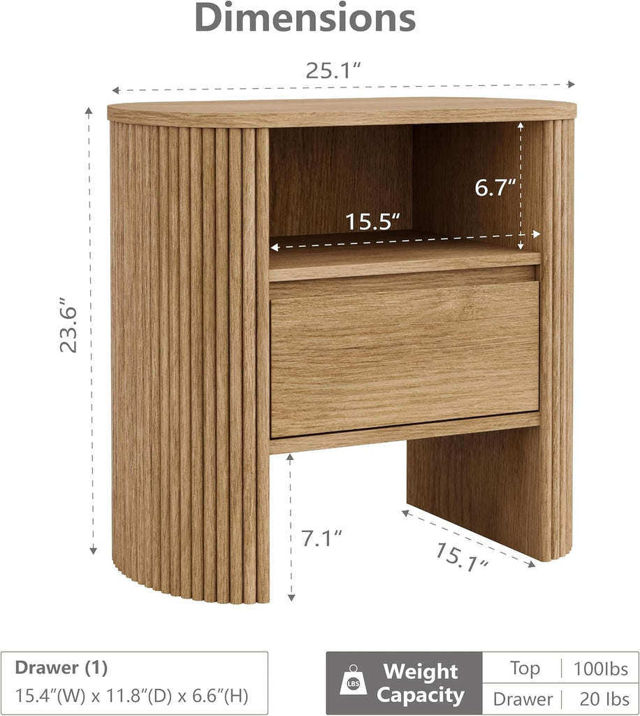 Fluted Nightstand with Drawer, Wood Bedside Table with Storage Shelf, Night Stand , Small Side Table , Modern End