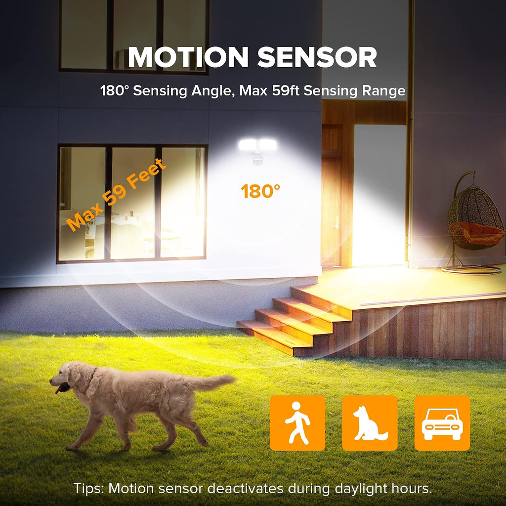 38W 3500 Lumen LED Motion Activated Integrated Dual-Head Floodlight Outdoor with Motion Sensor, 5000K Daylight, Dusk