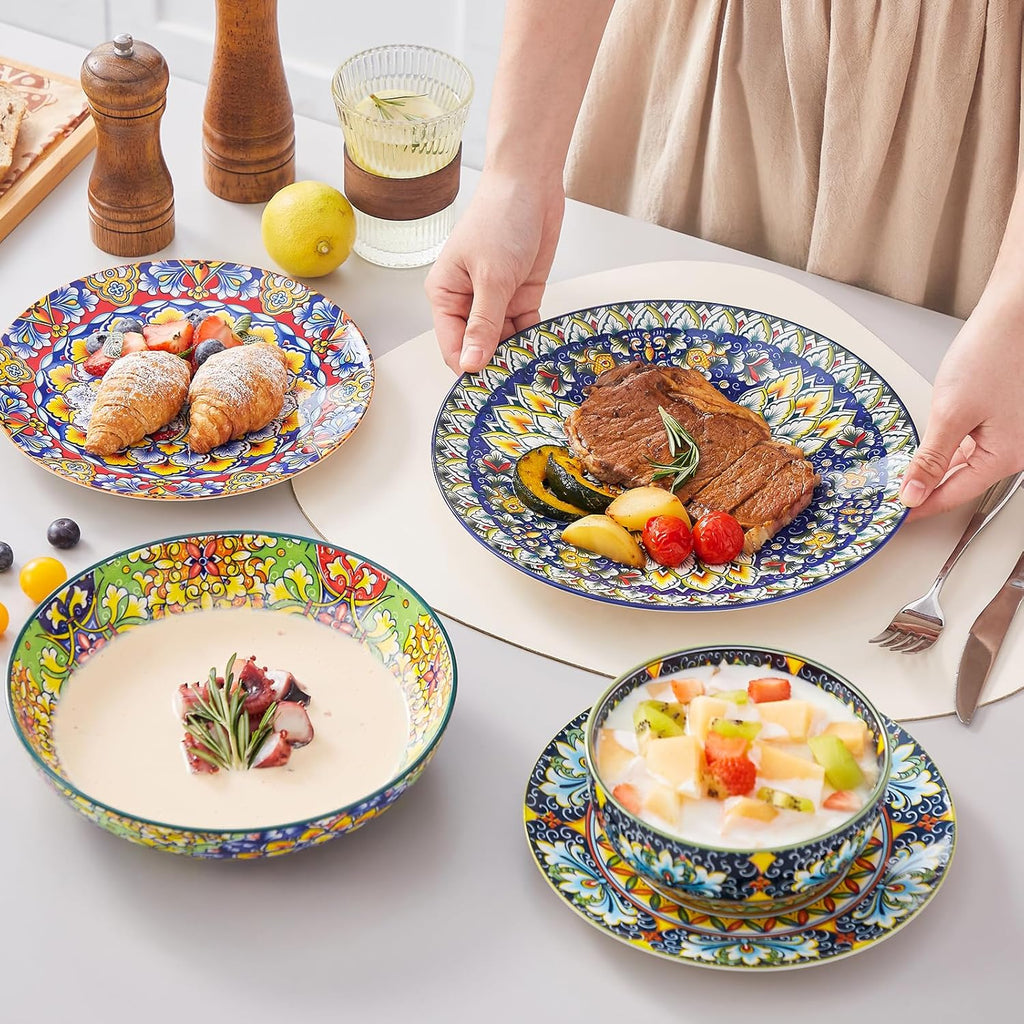 24 Pieces Dinnerware Sets, Plates and Bowls Set, Porcelain Dishes Set for 6, Microwave and Dishwasher Safe