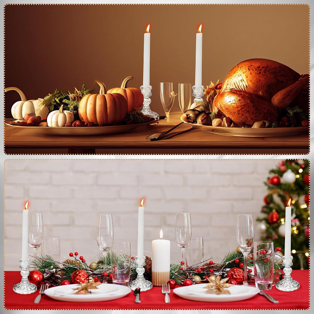 24 Pcs Glass Taper Candle Holder Sets 12 Candlestick Holder with 12 White Long Candles for Wedding Party Decor Dinner