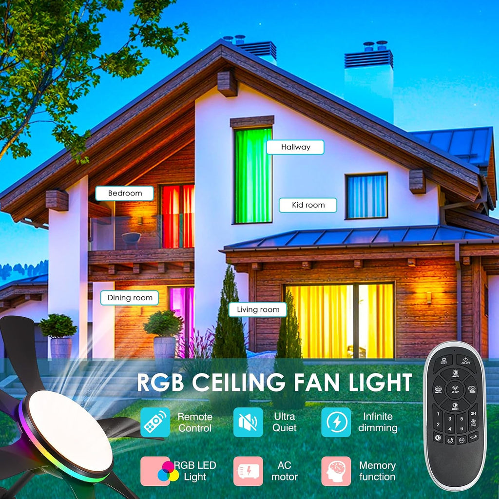 46In Black RGB Ceiling Fans with Lights - Low Profile Modern Ceiling Fan Light with Remote/APP, RGB+3CCT 6 Wind Speeds and Reversible, Indoor Outdoor Fan Light Fixture for Party, Kid's Room